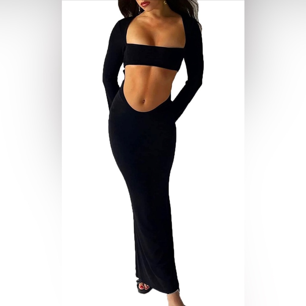 BLOGGERS FAV (S) Black Cut Out Bodycon Backless Long Sleeve Maxi Dress - Picture 3 of 9